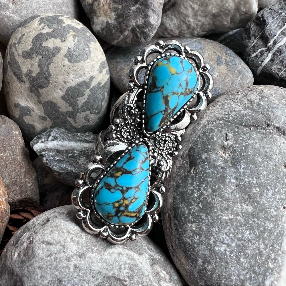 Faux Turquoise Double Teardrop Silver Tone Statement Ring